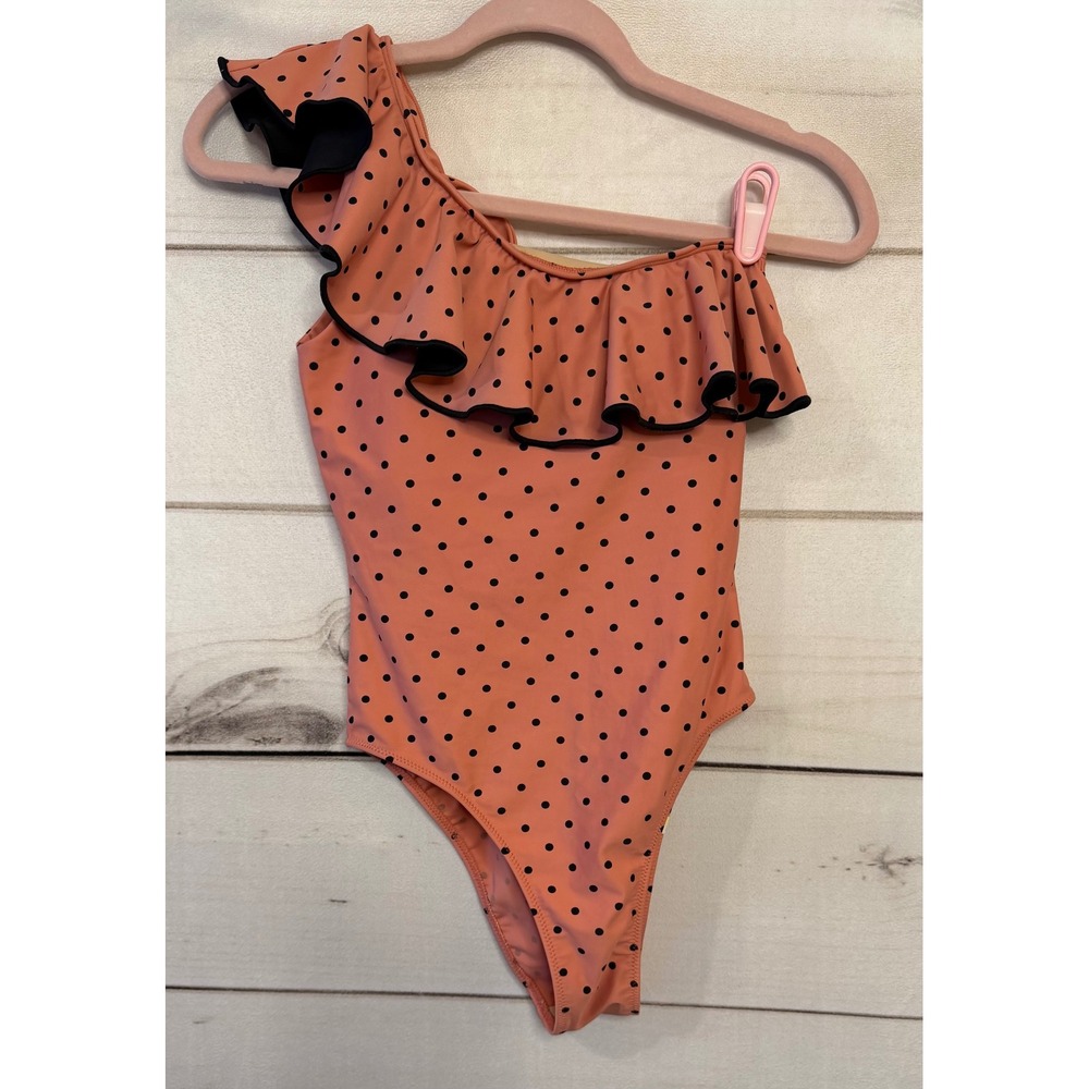 SUMMERSALT Coral‎ Black Polka Dot One Shoulder Ruffle Swimsuit Size 2